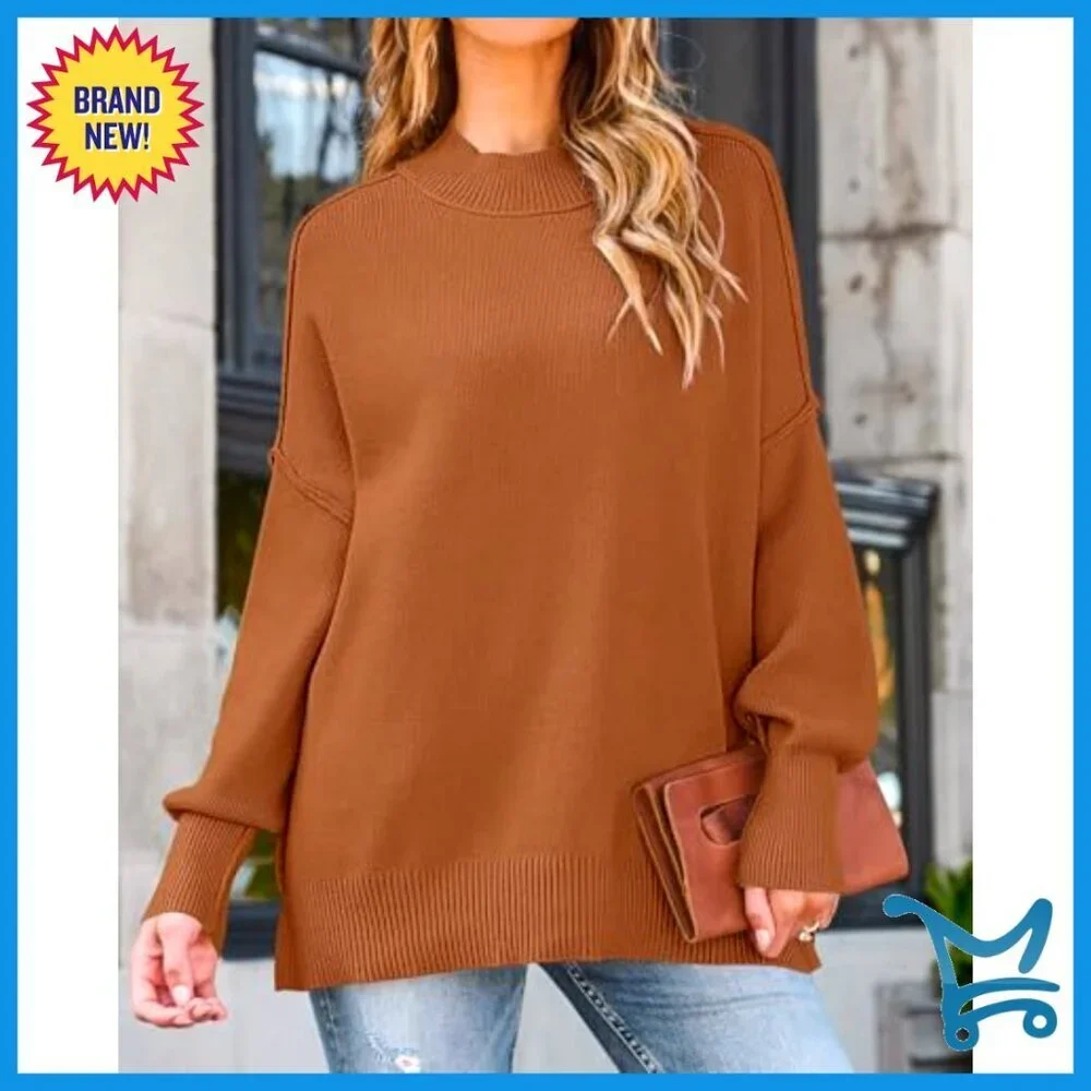 Oversized Ribbed Knit Pullover Sweater Batwing Sleeve Side Slit Chic Fall